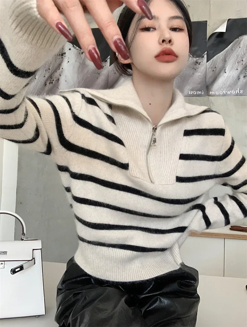 Suéter de punto para mujer, ropa holgada, con cremallera, camisas y blusas de manga larga, tienda de ropa de punto.