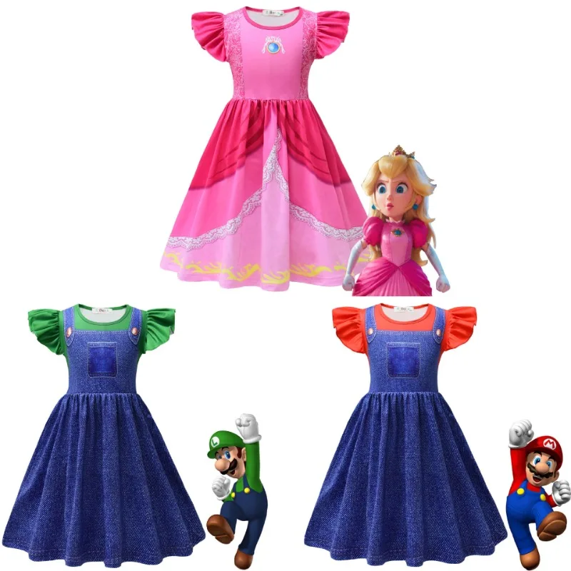 Super Marios Bros Casual Summer Dress Anime Figure Luigi Peach Princess Dress For Girls Carnival Performance Party Costumi Cosplay