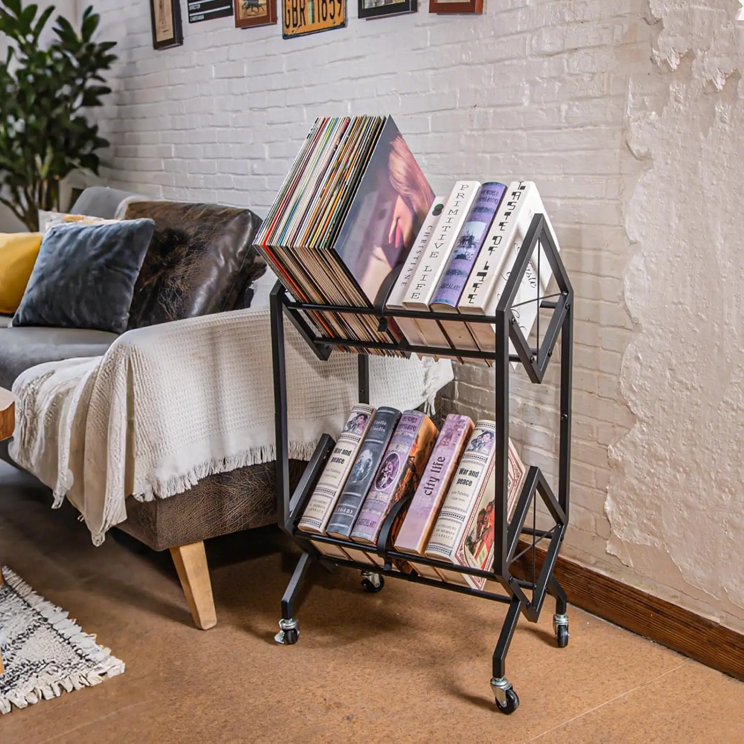 Vinyl Record Storage Rack, 2 Tier Record Organizer With Wheels, 200 Lp Albums Storage Rack Shelf, Metal Records Display Shelf 4