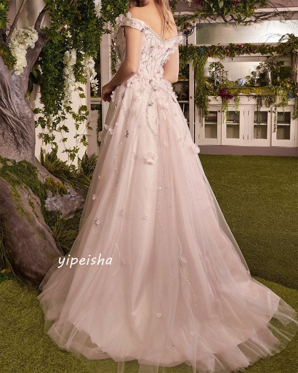 Prom Dress   Jersey Flower Beading Sequined Ruched Beach A-line Off-the-shoulder Bespoke Occasion Gown Long es
