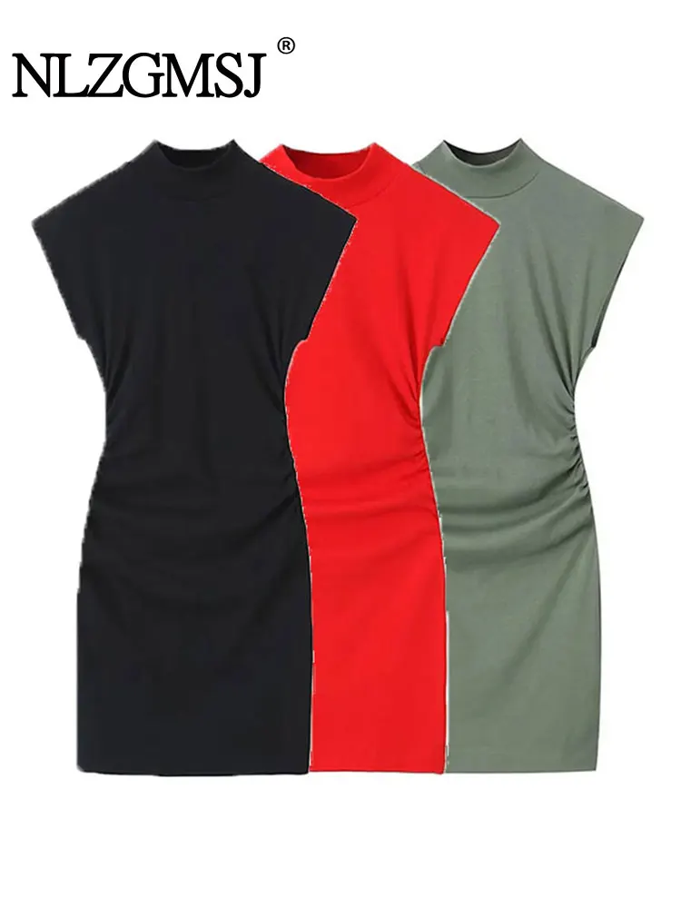

Nlzgmsj TRAF 2023 Summer Autumn Women Fashion Pleated decoration Mini Dress Tricolor Half High collar Sleeveless Dresses