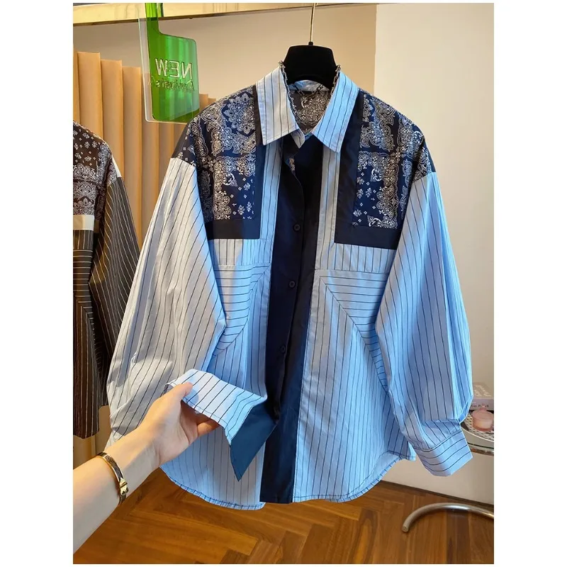 

VANOVICH 2024 Spring and Autumn New Korean Style Loose and Casual Vintage Printed Contrast Color Striped Long-sleeved Shirts