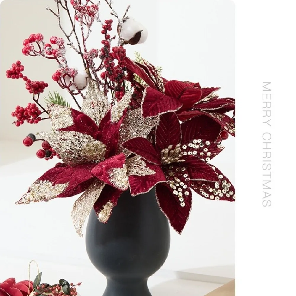 Artificial Poinsettia Flower Sequins Glitter Simulation Flowers