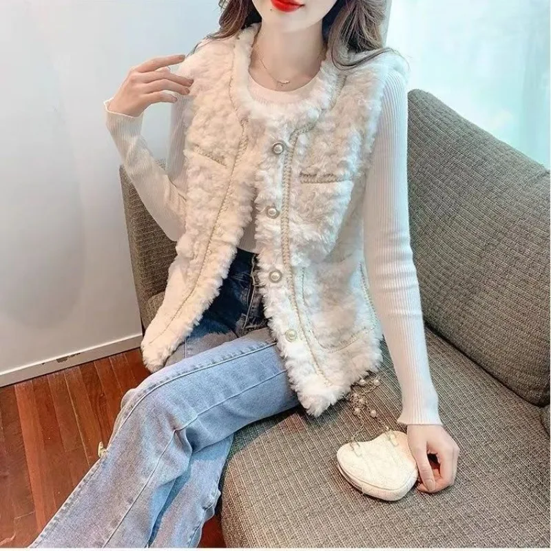 short sleeveless shirt with pockets for women white tank top fashion chic street new summer 2023 Faux Fur Vest Women Lamb Fur Coat Korean Chic Sleeveless Cardigan Tops Warm Waistcoat Jacket Single Breasted Pockets Buttons