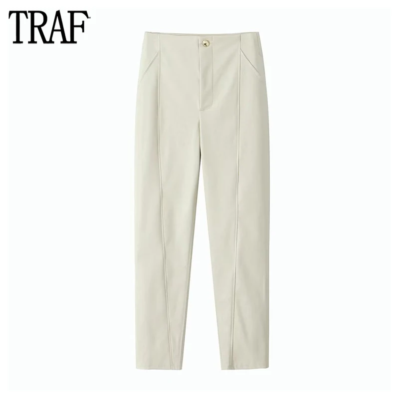 

TRAF 2023 Faux Leather Trousers Womens Pencil High Waist Pants for Women Fashion Office Women's Pants Basic Straight Pants Woman