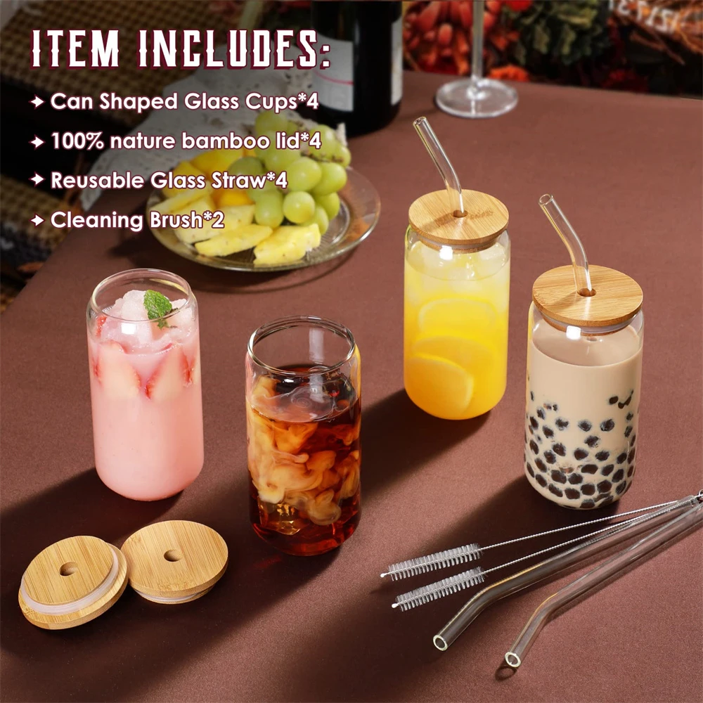 glass cup 1/4/6pcs Set Glass Cup With Lid and Straw Juice Glass Beer Can Milk Mocha Cup Transparent Bubble Tea High Borosilicate