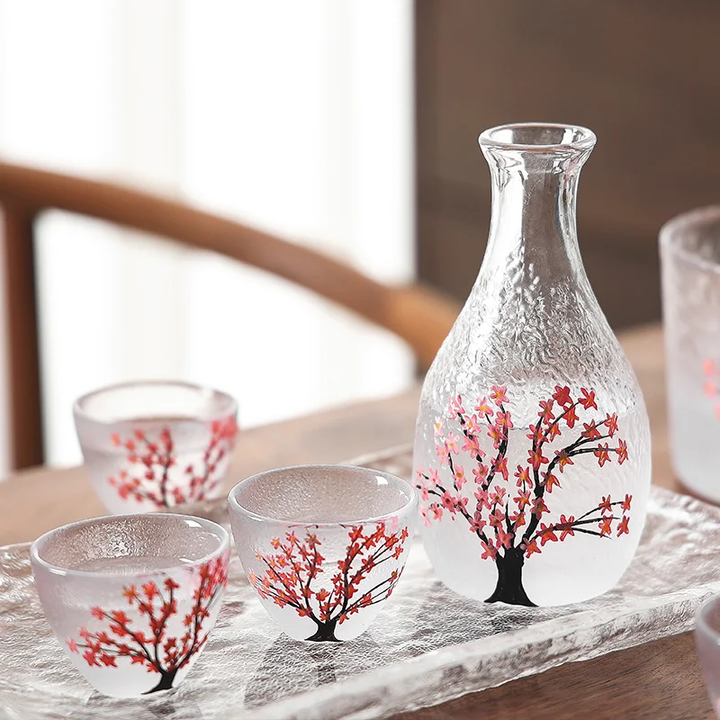 50ml Sakura Pattern Japanese Sake Sets Wine Bottle Cups Sets Japanese Bar Glass Drinkware Tea Set Cup Kungfu Tea Set Pot