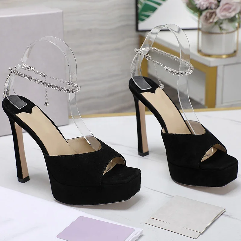 

Fashion Runway Summer Party Black High Heeled Shoes Women's Open Toe Square Toe Shallow Mouth Crystal Ankle Strap Shoes
