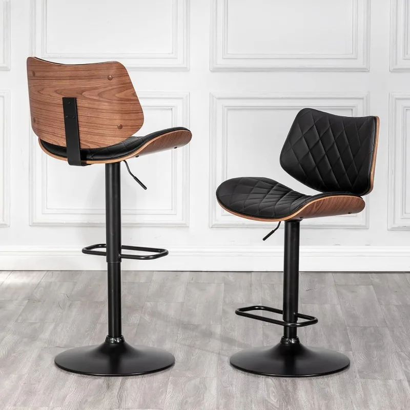 Bar Stools Set of 2 Mid Century Modern Adjustable Counter Height Leather Upholstered 360&deg;Swivel Bar Chairs.