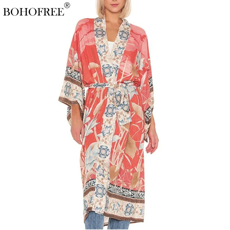 

Boho Flamingo Floral Print Long Cover Ups Beach Style Sashes Rayon Cotton Kimonos Women Robes