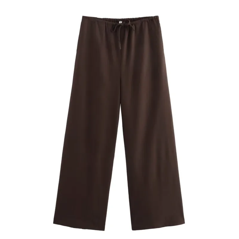 

Flowing Wide Leg Pants Women Summer Linen High Waist Loose Brown Bottom Pocket Lace Up Decoration Woman Casual Pants