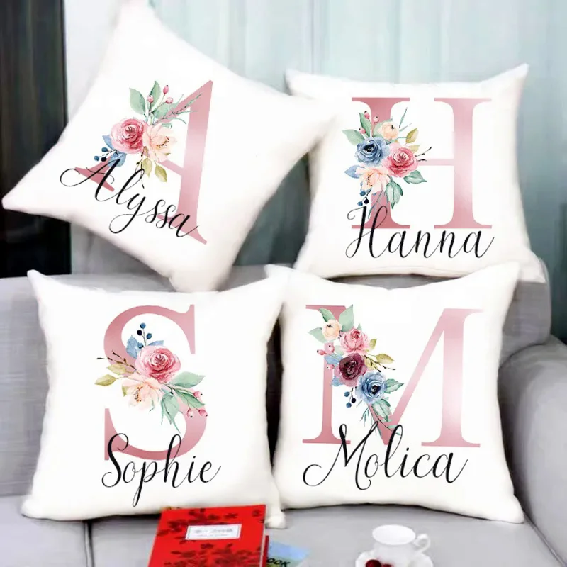 

Personalised Pillow Cases Custom Initial Flower With Name Cushion Cover Decortion Pillowcase Housewarming Birthday Wedding Gifts