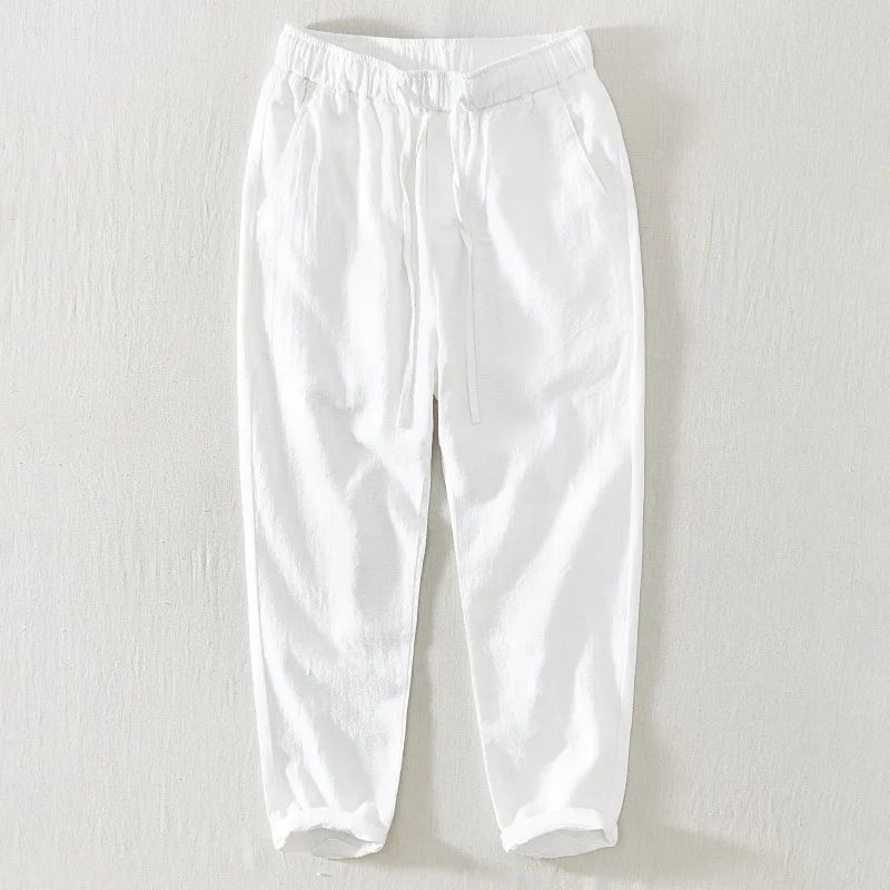 Summer Casual Pants Men'S Thin Section Trendy Youth Loose Cotton And Linen Drawstring Elastic Waist Straight Leg Cropped Pants