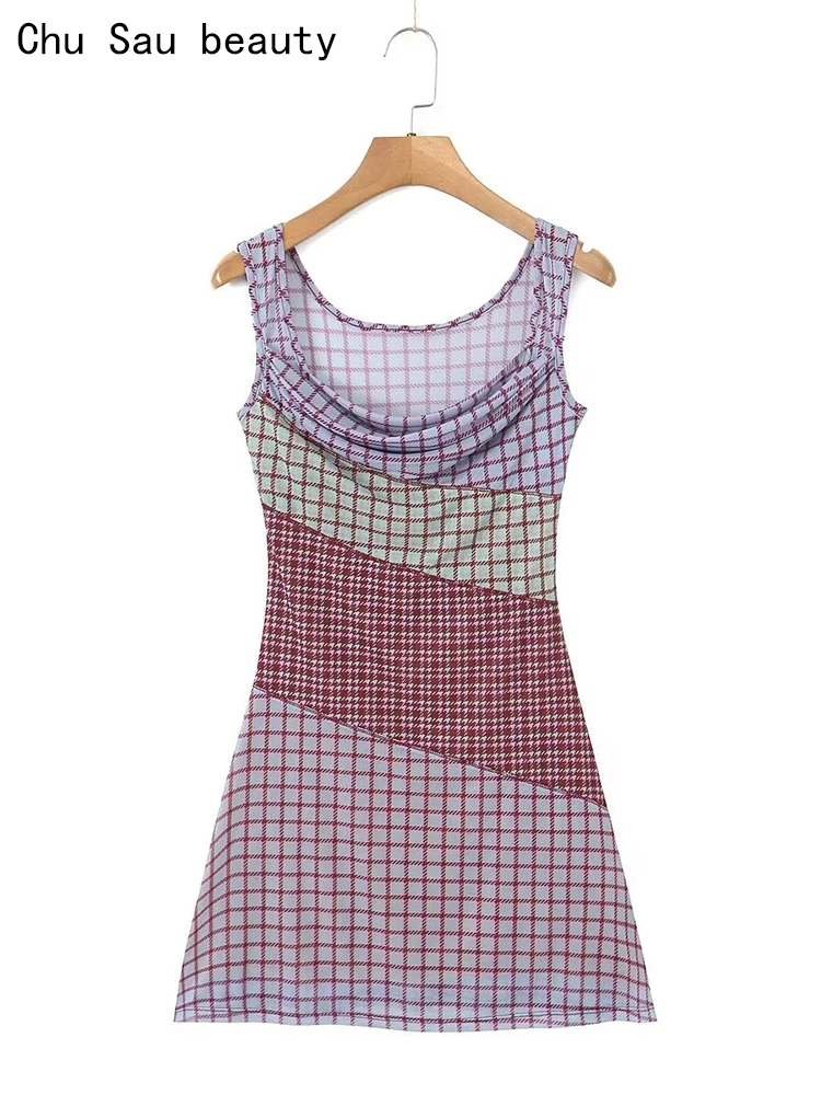 

Chu Sau beauty 2023 Women Summer New Fashion Sweet Plaid Print Tulle Chic Super Short Dress Sexy Slim Elastic Tank Mini Dresses