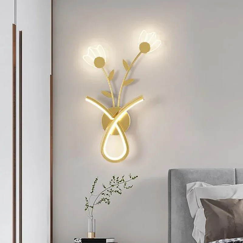 

Modern LED Wall Lamp for Bedside Bedroom Wall Iron Line Room Decoration TV Backdrop Aisle Acrylic Flower Home Lighting Fixtures