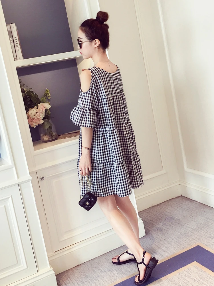 Summer Loose Pregnancy Shirts Shoulderless O-neck Maternity Plaid Blouses Plus Size Cotton Linen Pregnant Women's Clothes