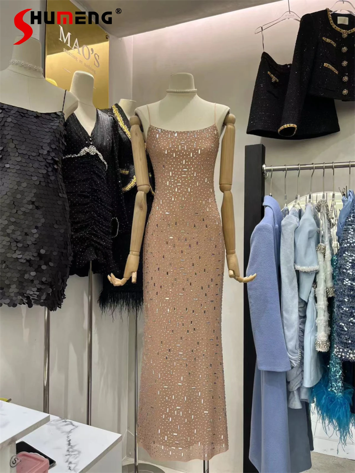 Spring 2024 New Light Luxury Rhinestone Dress Elegant Temperament Dinner Dresses Slim-Fit Sexy Fashionable Sleeveless Dress