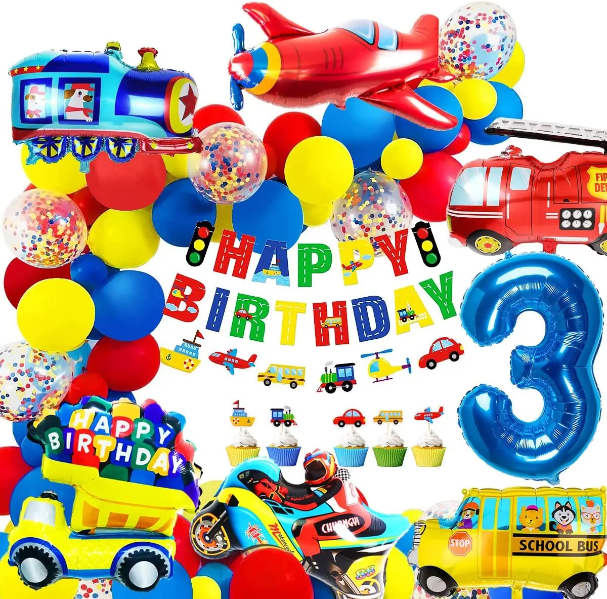 Description Picture 4 of itemBirthday Decoration for boys Happy Birthday Banner Cars School Bus Train Fire Truck Motorcycle Plane Balloons Transport Vehicles