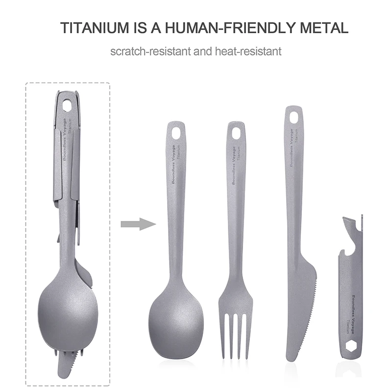 Description Picture 4 of itemBoundless Voyage 4pcs/set Titanium Cutlery Set Knife Fork Spoon & Bottle Opener Lightweight Outdoor Camping Picnic Tableware Set