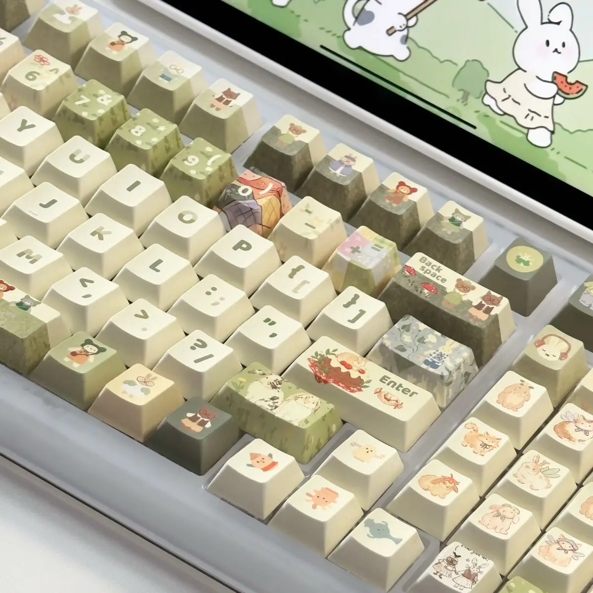 Green Small Animal Rabbit Keycap Conjunto Completo de Cereja Xoa Pbt Sublimação Mechanical Key Cartoon Leite Bonito 140 Chaves - Imagem 3
