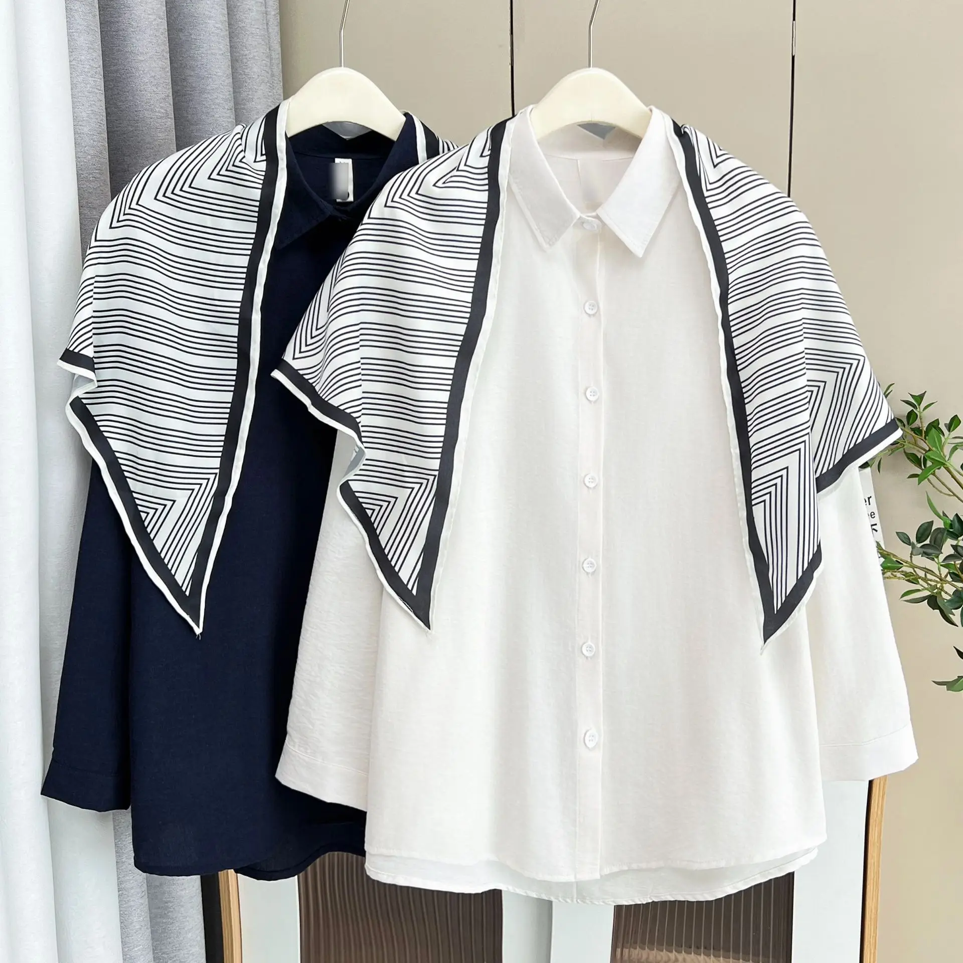 Fashion Plus Size Women's Blouses New Autumn Stylish Long Sleeve Shirt And Silk Scarf 2553