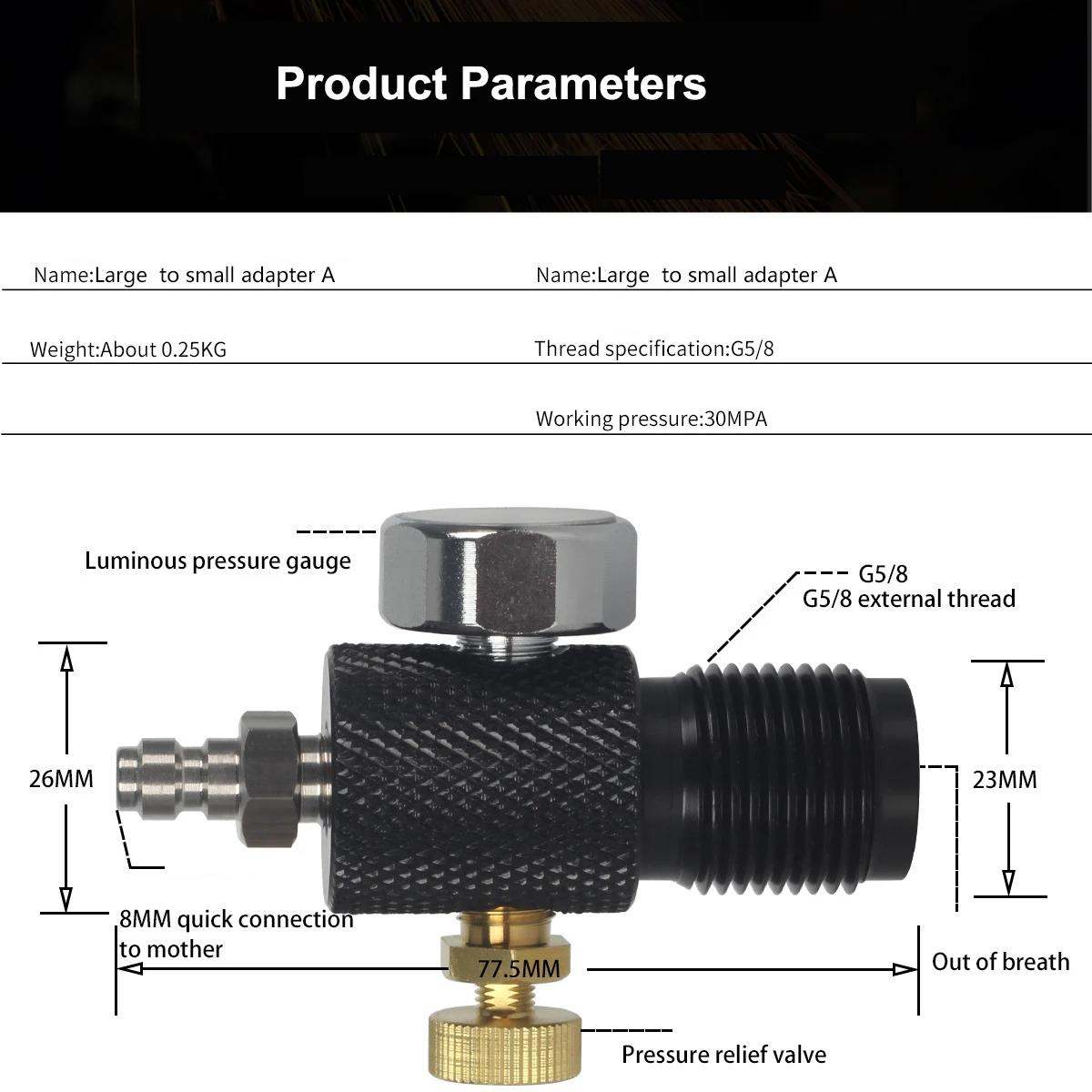 Adaptateur HPA 4500psi 300bar pour réservoir air comprimé - Valve avec jauge ou tuyau