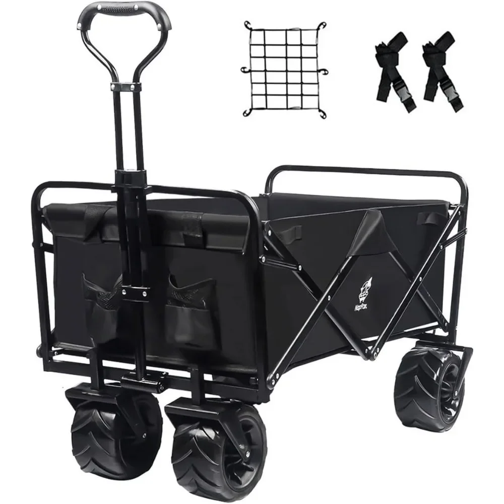 Garden Car with Big Wheels, Cargo Net and Straps and Fishing Holder, Foldable Beach Wagon Cart