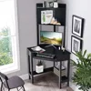 Corner Computer Desk with Hutch, Triangle Corner Desk w/Keyboard Tray and Bookshelves, Corner Writing Desk with Storage Shelves, 1