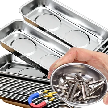 Magnetic Tray Magnet Tool Holder Round Rectangular Magnetic Bowl Tool Organizer Tray Stainless Steel Small Parts Securely Holder