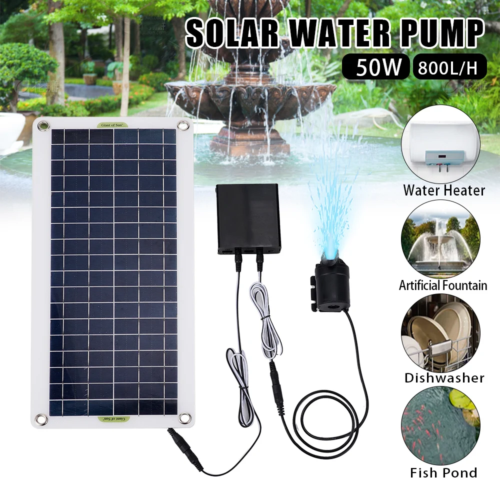 Juego de bomba de agua de energía Solar sin escobillas, Motor de bomba de agua sumergible ultrasilenciosa, decoración de fuente de jardín de estanque de peces, 50W, 800l/H