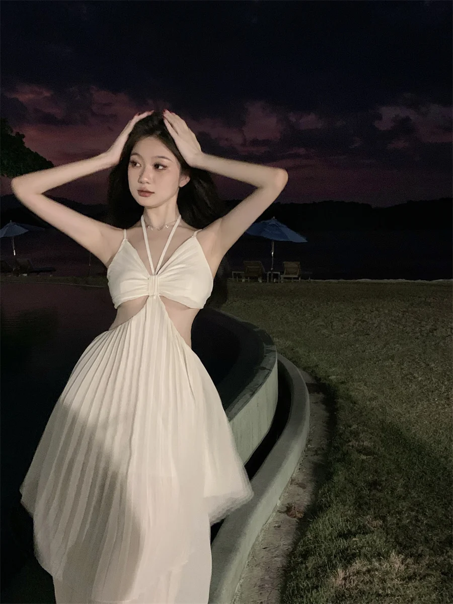 Summer New Fashion Sexy Pleated Holiday Beach Long Dresses for Women Vacation Spaghetti Strap A line Ladies Robe 2025 Sundress