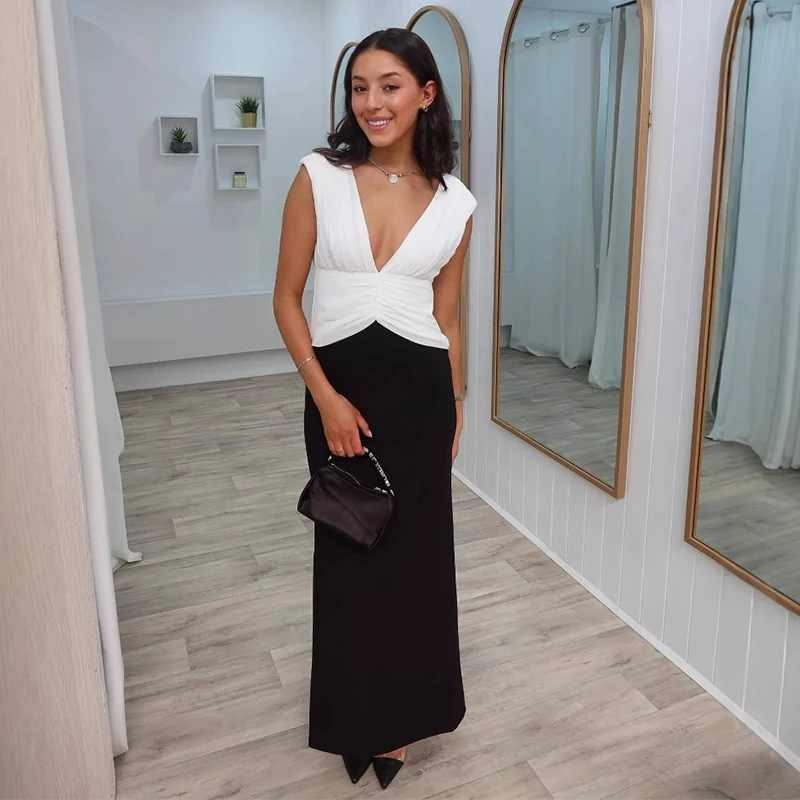 Vestido elegante sin mangas con escote en V profundo y patchwork para mujer, vestido plisado sin espalda, ajustado, para fiesta de verano 2025, para mujer, de noche.