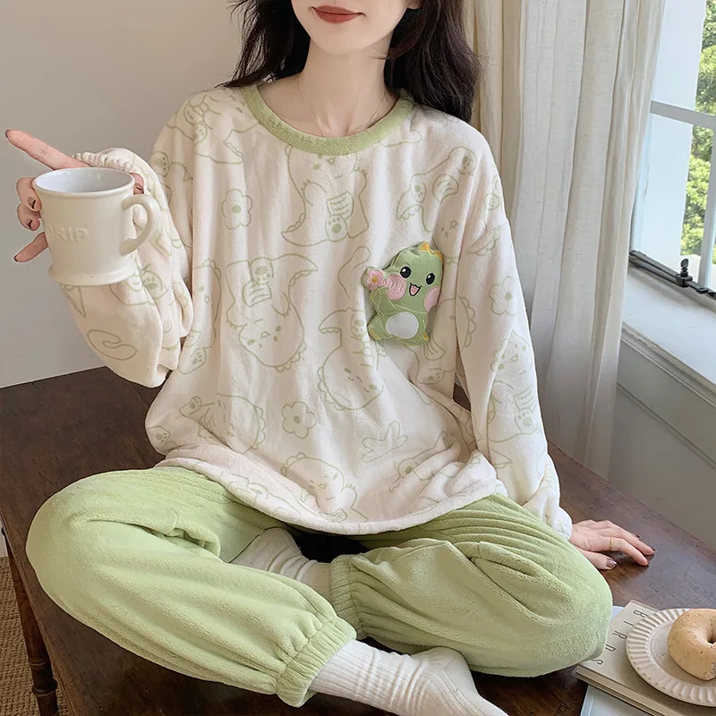 

Cute Dinosaur Pijama Winter Warm Sleepwear for Ladies Women Girls Velvet Flannel Homesuit O Neck Homewear Cartoon Pajama Cozy