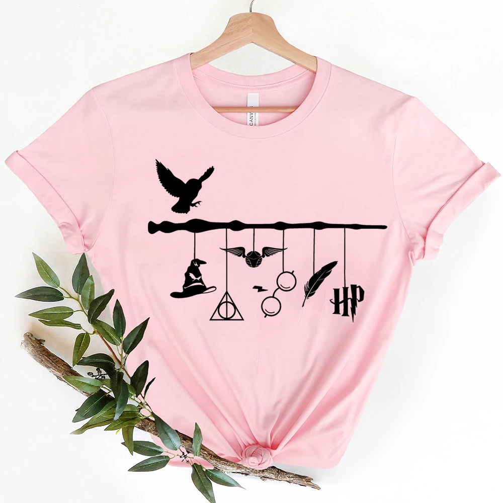 마법사 세계 모자 반팔 마법사 지팡이 티셔츠, HP 유니섹스 그래픽 티, 매직 스쿨 탑 티셔츠, 스트리트웨어 여성 의류