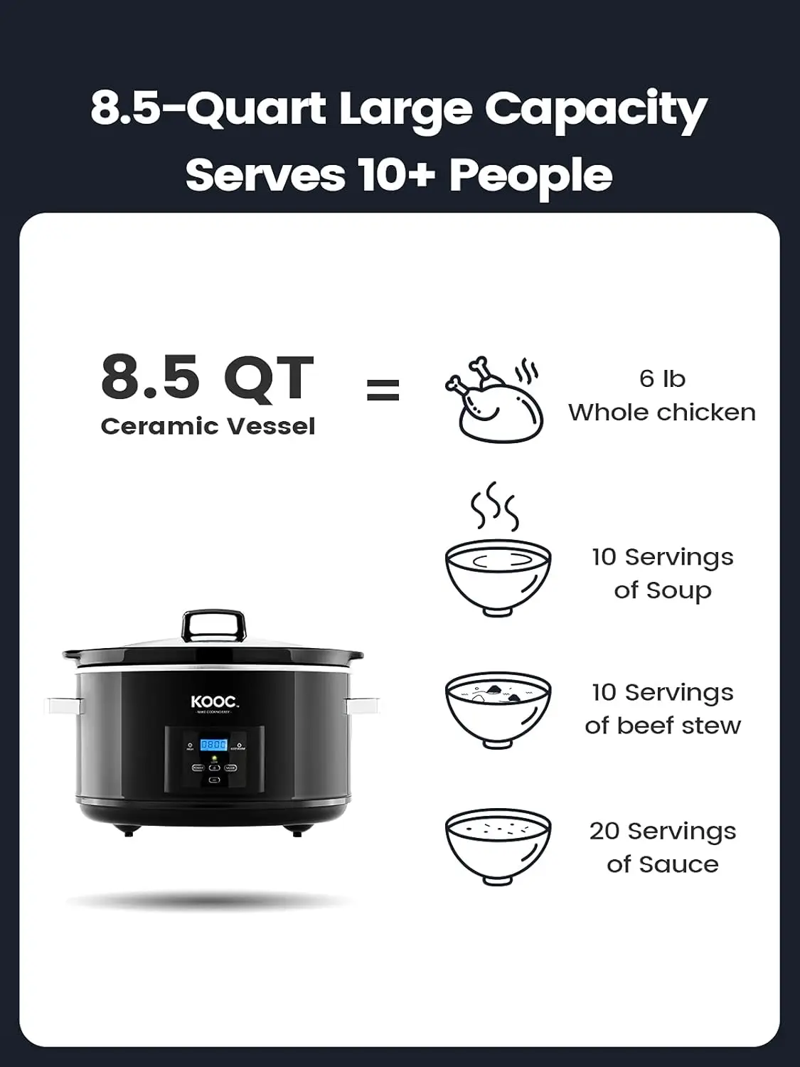 LAUNCH] KOOC 8.5-Quart Programmable Slow Cooker, Larger than 8 Quart, More Practical than 10 Quart, with Digital Countdown