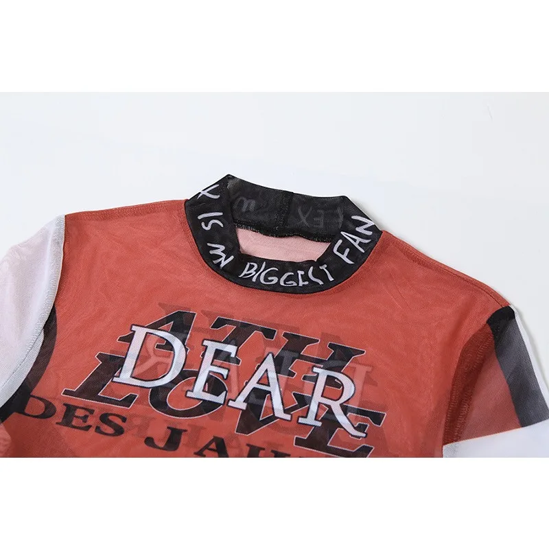 2024 Summer Mesh See Through 3D Printed 2 Piece Set Women O Neck Short Sleeve Crop Tops Contrast Colors Pants Casual Streetwear