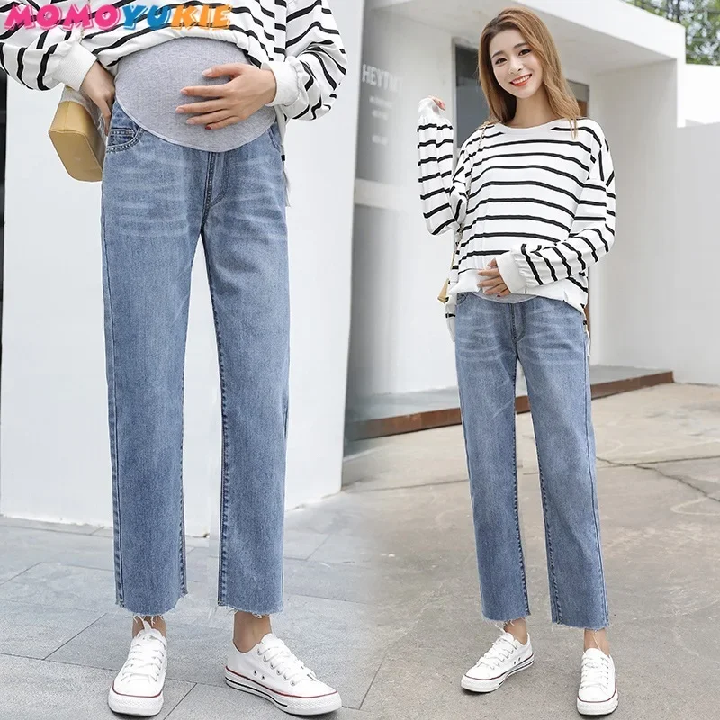 Maternity Jeans Vintgae Washed Denim Elastic Waist Belly Loose Pants Pregnant Women Clothes