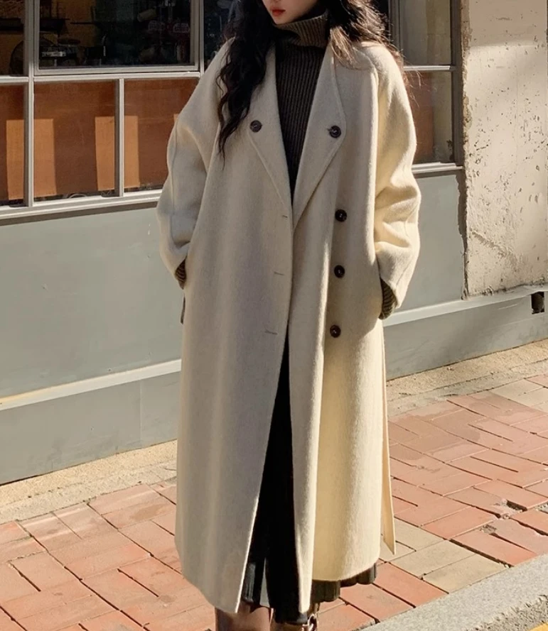 

Vintage Cashmere Coats Thick Warm Women 2023 Full Sleeve Female Coats Elegant Loose Ladies Long Woolen Jackets Korean Q812