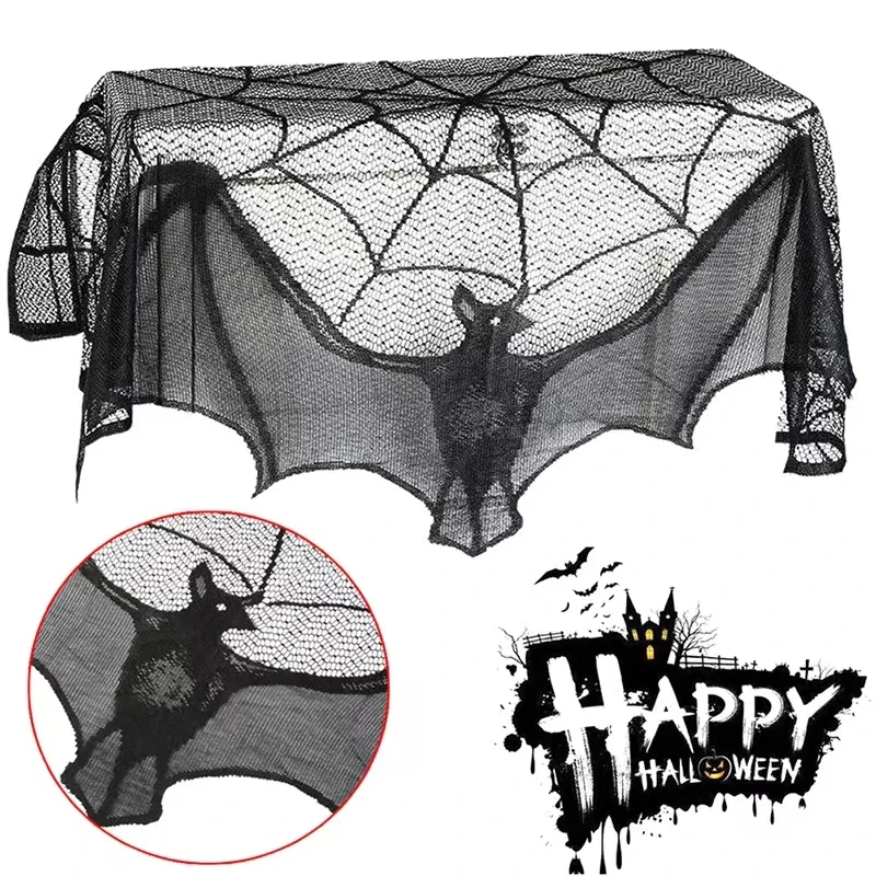 1 Piece of Halloween Lace Curtains Black Bat Spider Tablecloth Fireplace Stand Scarf Set Halloween Family Room Spider Web Horror Decoration halloween decoration