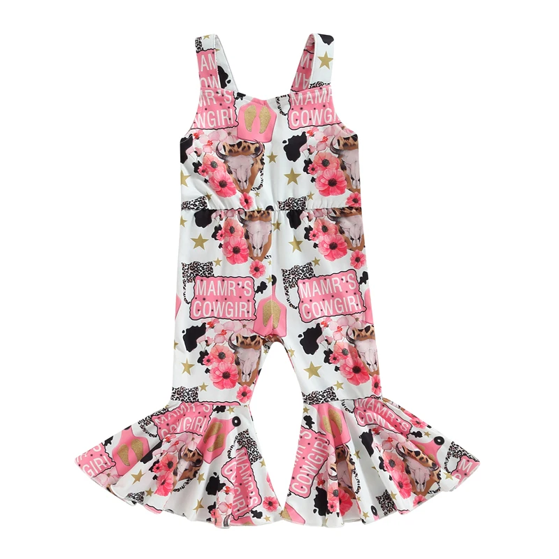 

Western Baby Girl Clothes Cow Print Toddler Floral Overalls Bell Bottoms Romper Summer Sleeveless Jumpsuit