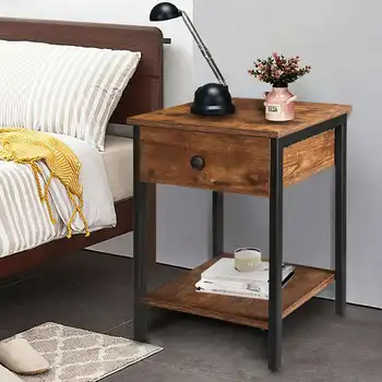 2 Tier Wooden Nightstands Tables with Drawer Rustic Bedroom Bed Side Table with Metal Frame for Bedroom Living Room US Stock
