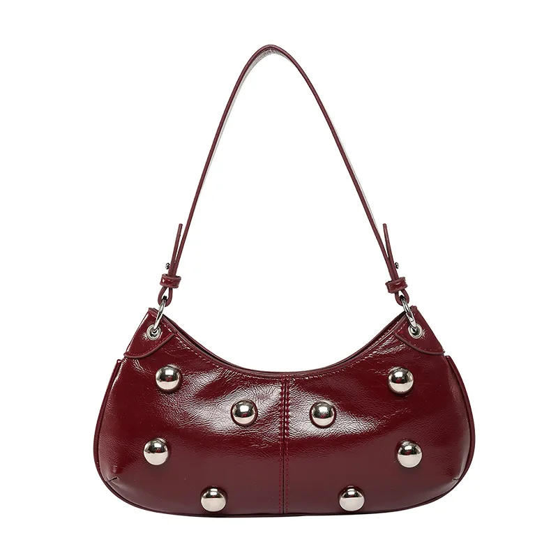 Women PU Rivet Shoulder Bag Trendy Underarm  Solid Color Fashion Tote Handbag Adjustable Strap Cool Sling Chic Hobo Bag
