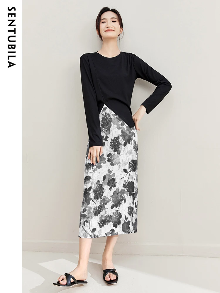 

SENTUBILA Knit Two Piece Set Women Outfit 2023 Elegant Black Slit Long Sleeve Tops with Print Midi Skirts New In Matching Set