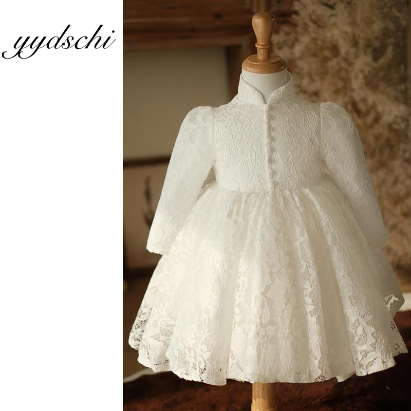 

White Flower Girl Dress Birthday High Quality Embroidered Long Sleeves Retro Ball Gown Knee Length Kids Lace Princess Dress