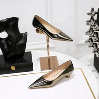 Women Comfortable 3.5cm High Heels Shallow Pointed Toe Work Pumps Lady Glossy Leather Low Heels 2024 Luxury Brand Designer Shoes - Image 3