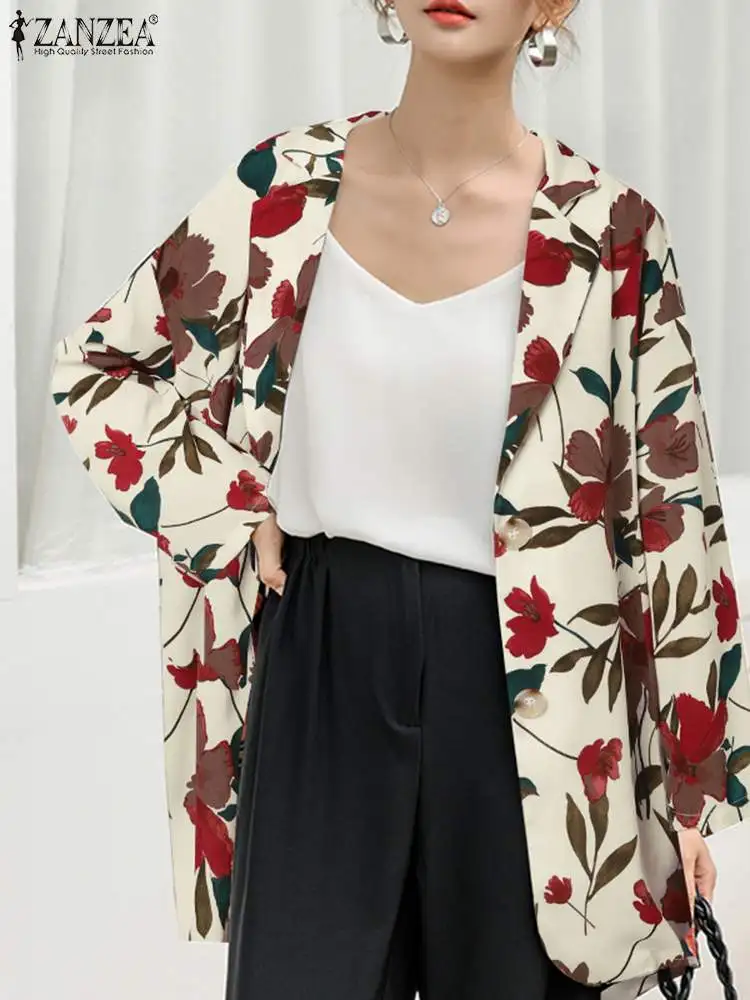 

ZANZEA Floral Print Blazer Casual Lapel Collar Bohemian Jackets Elegant Long Sleeve Coat Women 2023 Autumn Retro Thin Outwear