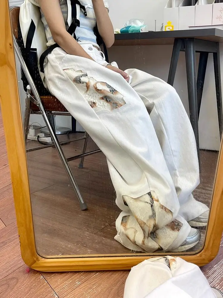 Jeans Lace Splicing White High Waist Women Fashion Vintage Streetwear Y2K Wide Leg Jean 2024 Female Trouser Baggy Denim Pants