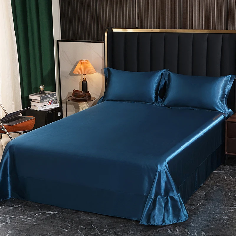 Luxury Satin Flat Bed Sheet With Pillowcases Bed Sheet Set Solid