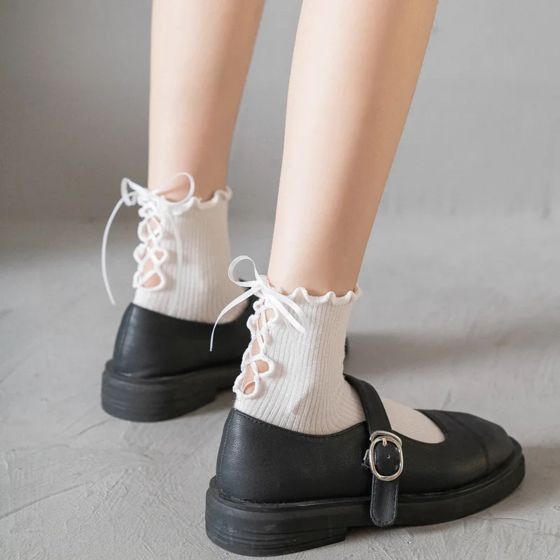 

Cute Bandage Women Socks Harajuku Japanese Sweet Frilly Cotton Vintage Short Lolita Princess Girls Soft Solid Ankle Sock