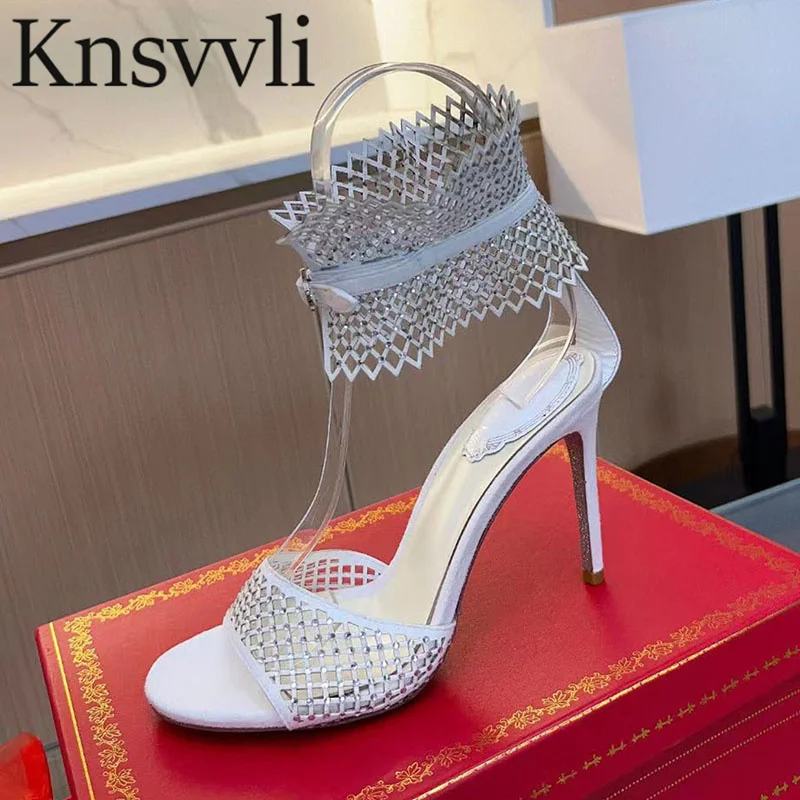 

Summer High Heels Sandals Woman Rhinestone Mesh Hollow Outs Party Dress Shoes Woman Stiletto Crystal Gladiator Sandals Woman